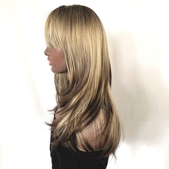 “Put On & Go” Blonde & Cocoa Brown Synthetic Wig with Bangs - Picture 5 of 6